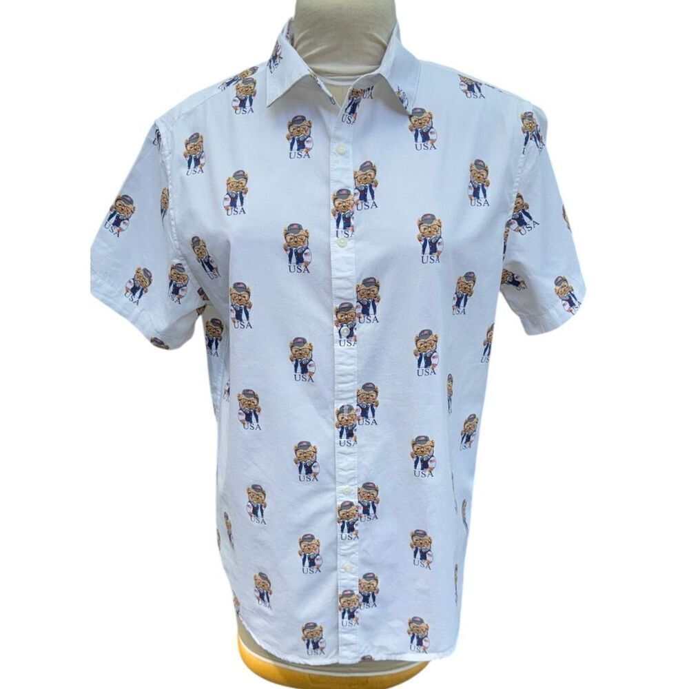Denim & Flower Ricky Singh Men’s All Over USA Teddy Bear Shirt Sz. L